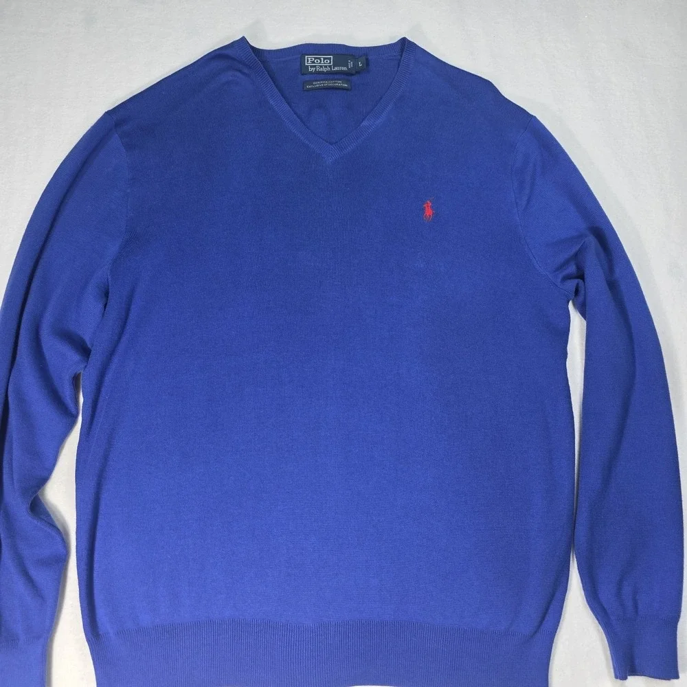 Vintage Y2K RALPH LAUREN POLO Jumper Sweater V-Neck Blue Size L‎ Pima Cotton